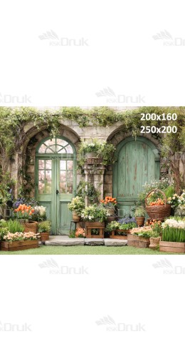 Tło fotograficzne z zielonymi drzwiami i wiosennym ogrodem | E581